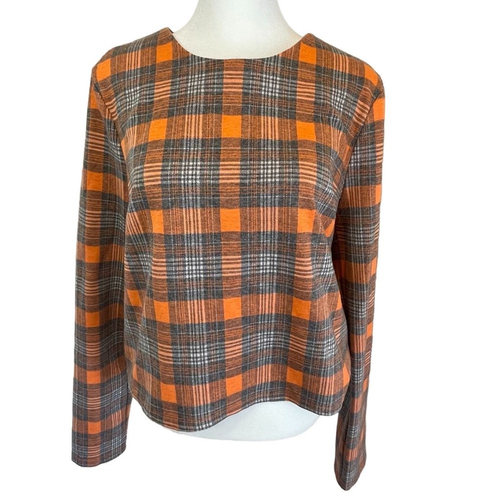 Grey Lab Women's Plaid Zipper Back Long Sleeve Top Size‎ L